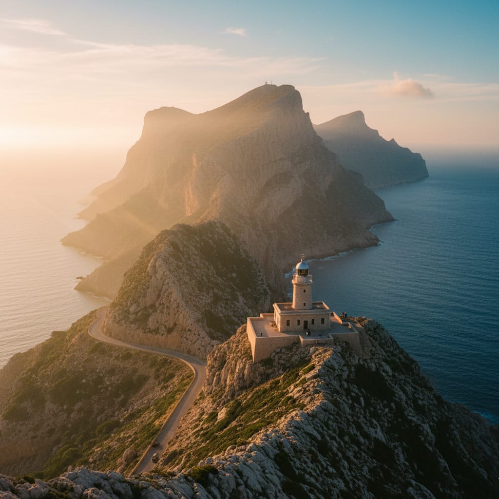 Professional cinematography at Cap de Formentor, Mallorca, during golden hour featuring cliffs and the iconic lighthouse in an epic emotional tone.